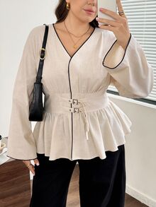 Easowa Curve Plus Size Casual Elegant Vacation Button-Up Ruffle Hem Shirt For Everyday Wear Autumn Formal Office Birthday Brunch Dinner Beige - Apricot - View 5