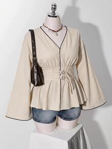 Easowa Curve Plus Size Casual Elegant Vacation Button-Up Ruffle Hem Shirt For Everyday Wear Autumn Formal Office Birthday Brunch Dinner Beige - Apricot - View 7