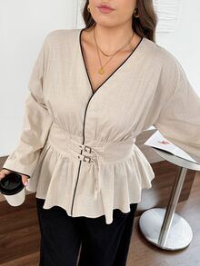 Easowa Curve Plus Size Casual Elegant Vacation Button-Up Ruffle Hem Shirt For Everyday Wear Autumn Formal Office Birthday Brunch Dinner Beige - Apricot - View 4