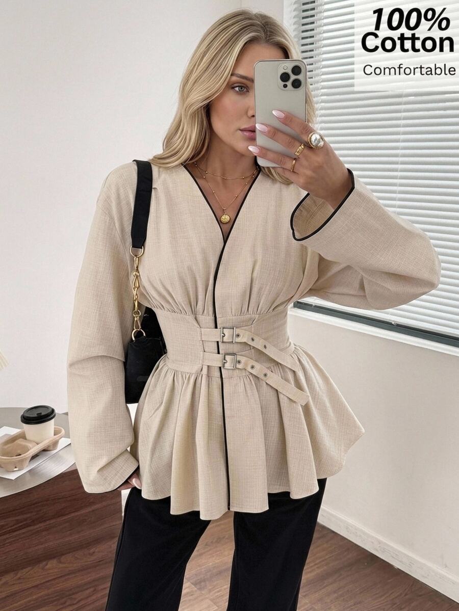 Easowa Curve Plus Size Casual Elegant Vacation Button-Up Ruffle Hem Shirt For Everyday Wear Autumn Formal Office Birthday Brunch Dinner Beige
