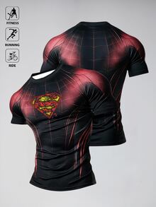SUPERMAN X SHEIN Gym Rark 男士幾何印花插肩袖短袖運動T恤 - 彩色 - 查看 1