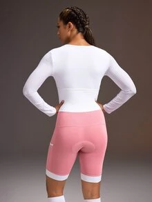 Powerista Women's Colorblock Patchwork One-Piece Cycling Shorts Pink Long-Sleeved Shorts Cycling Jersey Jumpsuit, Quick-Drying, Breathable, Reflective Workout - Pink - View 6