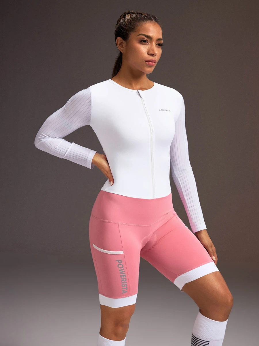 Powerista Women's Colorblock Patchwork One-Piece Cycling Shorts Pink Long-Sleeved Shorts Cycling Jersey Jumpsuit, Quick-Drying, Breathable, Reflective Workout