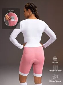 Powerista Women's Colorblock Patchwork One-Piece Cycling Shorts Pink Long-Sleeved Shorts Cycling Jersey Jumpsuit, Quick-Drying, Breathable, Reflective Workout - Pink - View 3