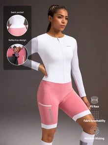 Powerista Women's Colorblock Patchwork One-Piece Cycling Shorts Pink Long-Sleeved Shorts Cycling Jersey Jumpsuit, Quick-Drying, Breathable, Reflective Workout - Pink - View 7