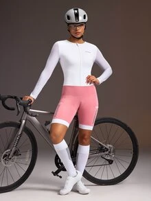 Powerista Women's Colorblock Patchwork One-Piece Cycling Shorts Pink Long-Sleeved Shorts Cycling Jersey Jumpsuit, Quick-Drying, Breathable, Reflective Workout - Pink - View 9