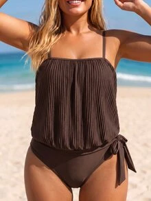 SHEIN Swim 大尺碼女款 2 件式比基尼泳衣套裝，背心上衣搭配三角泳褲，保守優雅可愛，熱帶風情棕色，適合海灘度假派對，夏季穿搭 - 棕色 - 查看 5