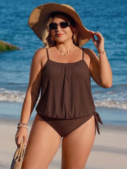 SHEIN Swim Plus Size Women 2 Pieces Tank Bikini Top And Triangle Bottom Swimwear Conservative Soft Mature Elegant Tropical Beach Vacation Summer Brown