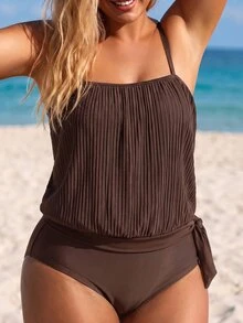 SHEIN Swim 大尺碼女款 2 件式比基尼泳衣套裝，背心上衣搭配三角泳褲，保守優雅可愛，熱帶風情棕色，適合海灘度假派對，夏季穿搭 - 棕色 - 查看 3