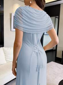Modelyn Pale Yellow Mesh Pleated Back Lace-Up Elegant Gown French Style Wedding Women's Extra Long Dress - Baby Blue - View 2