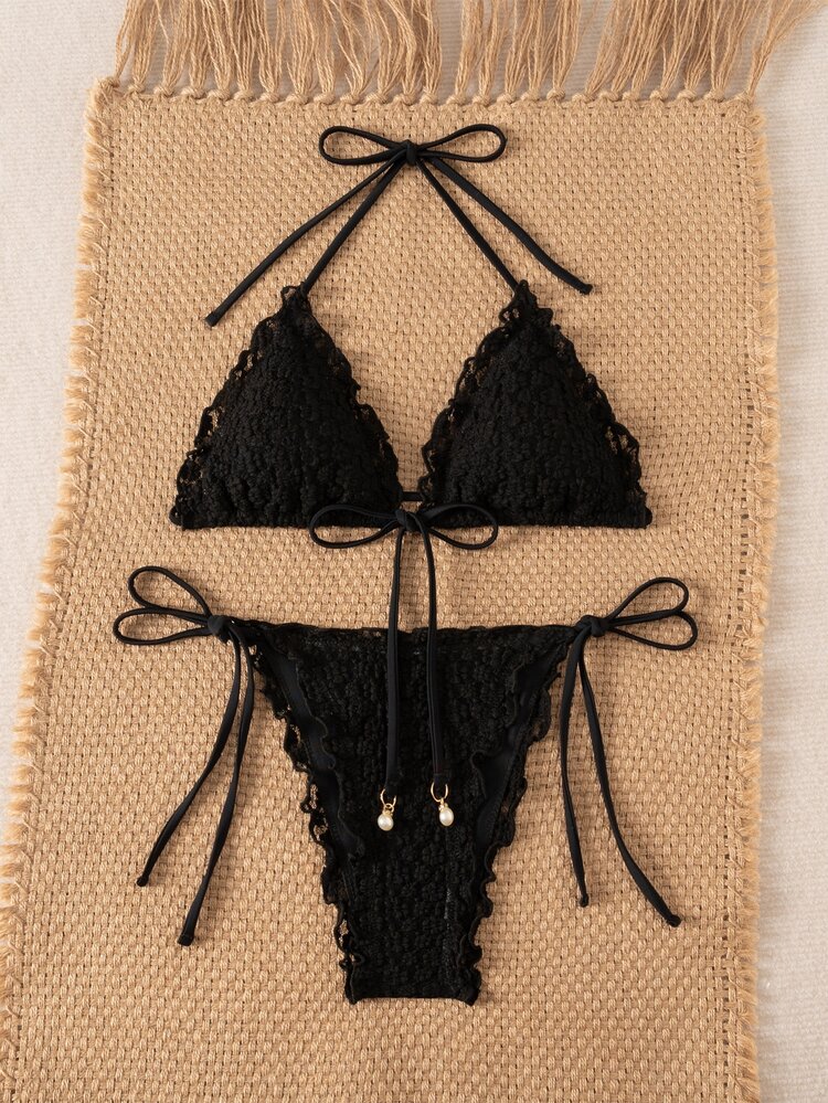 SHEIN Swim 女款夏季新款海灘泳裝度假風，甜美可愛蕾絲花卉紋理布料，可愛荷葉邊性感露背三角繫帶比基尼泳衣2件套，適合海灘游泳與度假 - 黑色 - 查看 4
