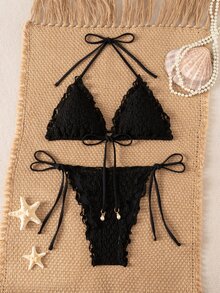 SHEIN Swim 女款夏季新款海灘泳裝度假風，甜美可愛蕾絲花卉紋理布料，可愛荷葉邊性感露背三角繫帶比基尼泳衣2件套，適合海灘游泳與度假 - 黑色 - 查看 5