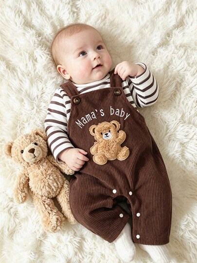 SHEIN 2pcs Newborn Baby Boy Neutral T-Shirt Overall Pants Set Cute Brown White 3D Bear Patch Corduroy Striped Long Sleeve Party Fall Winter First Birthday