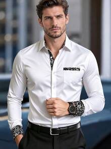 Manfinity Bizformal Men's Shirt Selection, Craftsmanship Collection: Stylish Patchwork Business Casual Long-Sleeve, Formal, Old Money - White - View 3