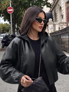 Avenya Women's PU Leather Hooded Short Jacket, Loose Fit, Dropped Shoulder, Zipper Pockets, Elastic Hem, Biker Style, Autumn/Winter - Black - View 2