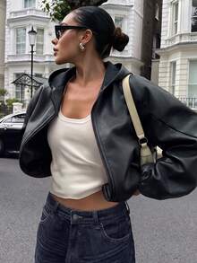 Avenya Women's PU Leather Hooded Short Jacket, Loose Fit, Dropped Shoulder, Zipper Pockets, Elastic Hem, Biker Style, Autumn/Winter - Black - View 5