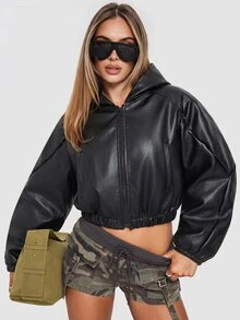 Avenya Women's PU Leather Hooded Short Jacket, Loose Fit, Dropped Shoulder, Zipper Pockets, Elastic Hem, Biker Style, Autumn/Winter - Black - View 8