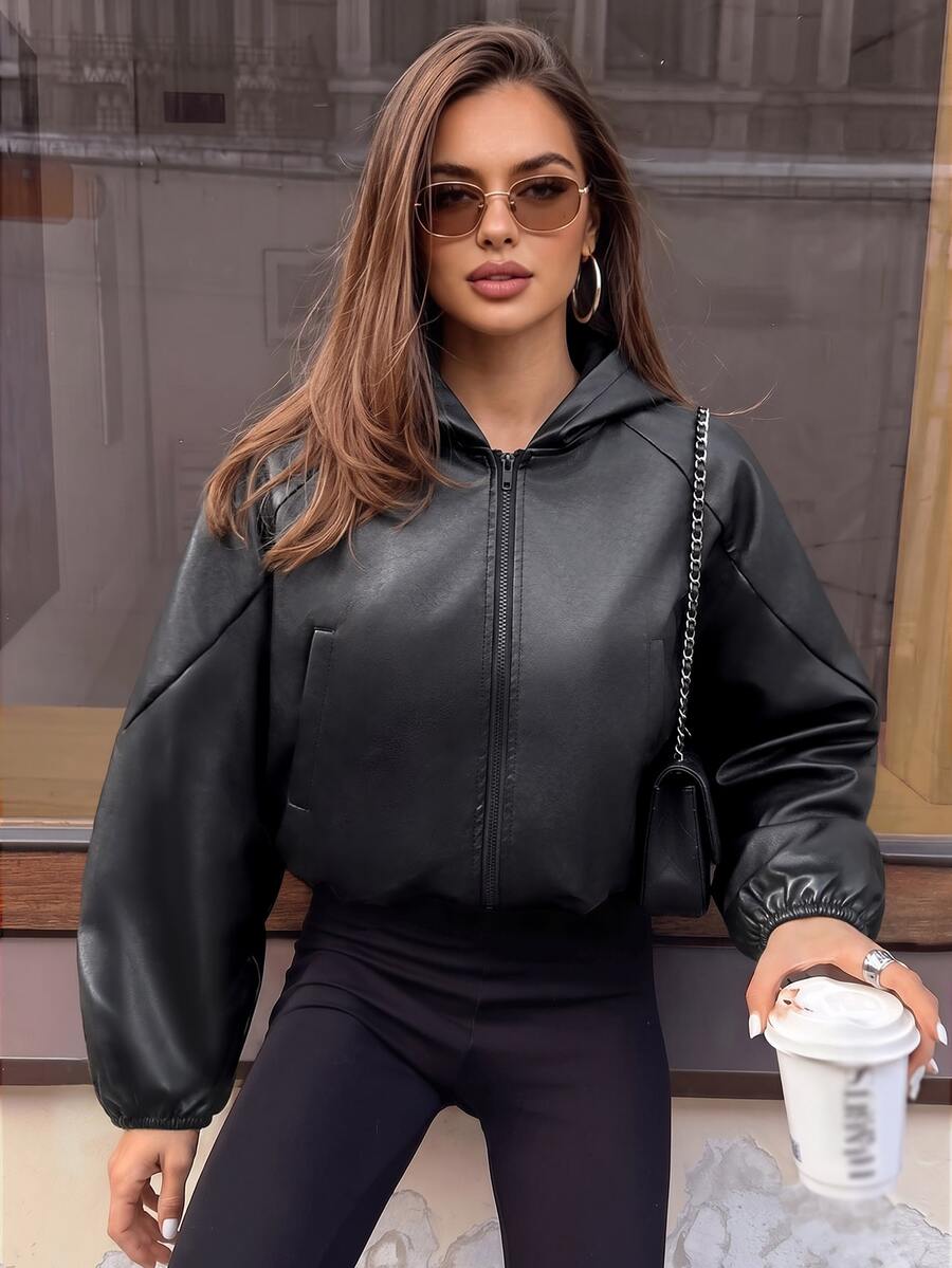 Avenya Women's PU Leather Hooded Short Jacket, Loose Fit, Dropped Shoulder, Zipper Pockets, Elastic Hem, Biker Style, Autumn/Winter - Black - View 1
