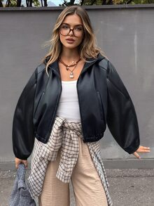 Avenya Women's PU Leather Hooded Short Jacket, Loose Fit, Dropped Shoulder, Zipper Pockets, Elastic Hem, Biker Style, Autumn/Winter - Black - View 7