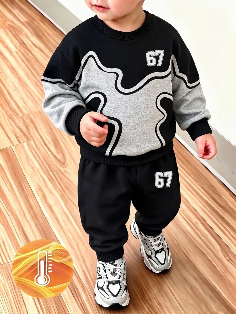 小男孩休閒拼色圓領衛衣與慢跑褲兩件套,幼童時尚字母圖案套頭衛衣運動褲套裝 - 彩色 - 查看 1