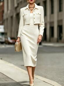 Balvessa Women's Tweed Jacket And Skirt 2 Pieces Set - Apricot - View 4
