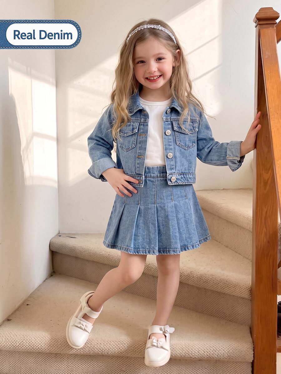SHEIN Girls' American Vintage Street Y2K Solid Color Washed Denim Jacket & Skirt Set, Autumn Sweet Cool 2 Pieces Outfit - Medium Wash - View 1