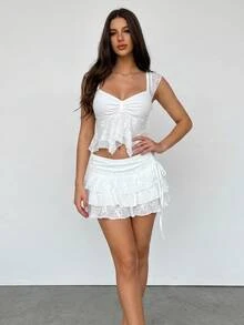 SHEIN ICON 2pcs/Set Women's Oversized Puff Sleeve Embroidered Square Collar Skirt - White - View 3
