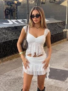 SHEIN ICON 2pcs/Set Women's Oversized Puff Sleeve Embroidered Square Collar Skirt - White - View 1