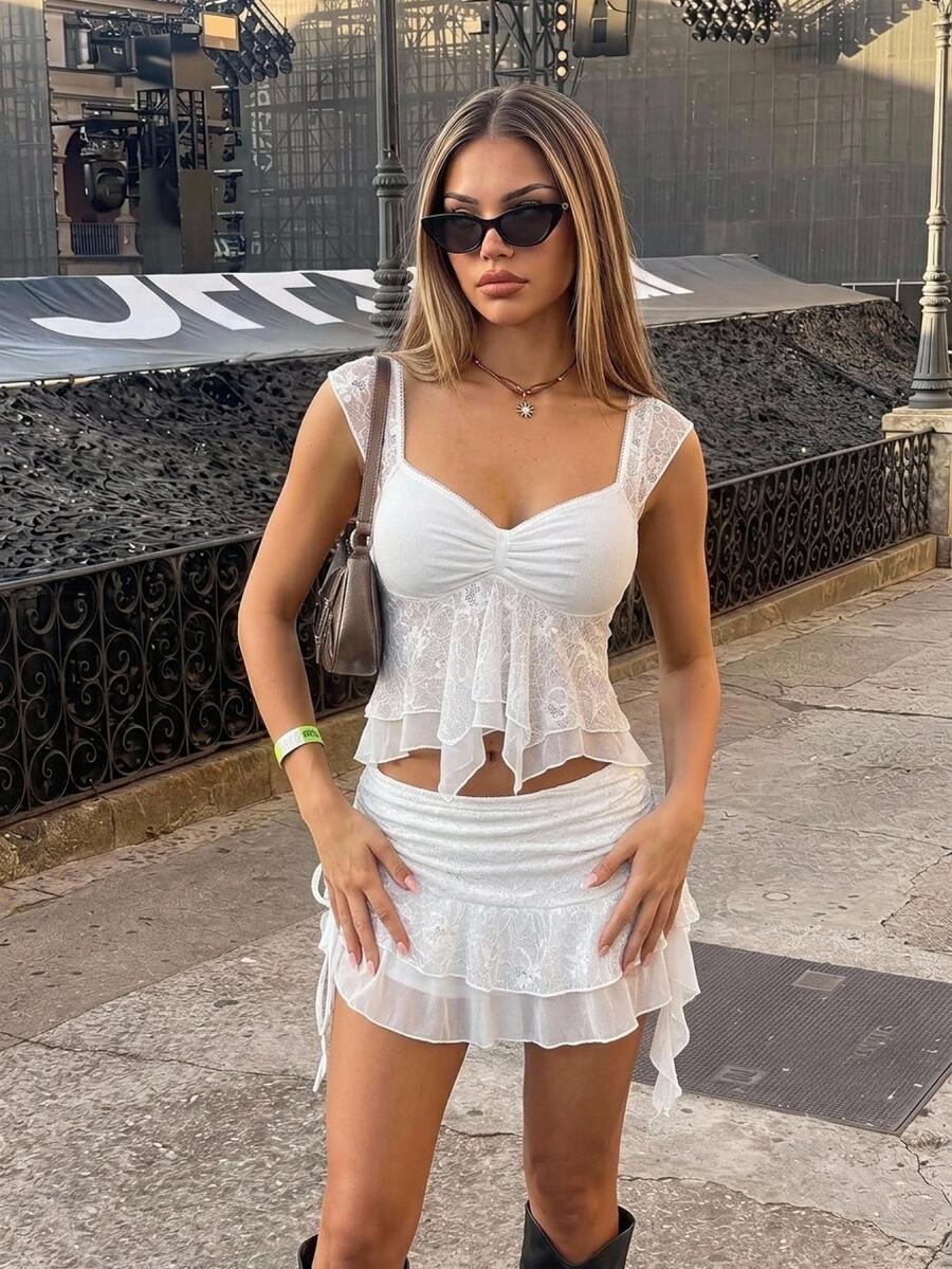 SHEIN ICON 2pcs/Set Women's Oversized Puff Sleeve Embroidered Square Collar Skirt - White - View 1