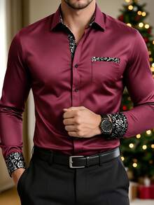 Manfinity Bizformal Men's Shirt Selection - Craftsmanship Collection: Stylish Patchwork Business Casual Long-Sleeve - Burgundy - View 1