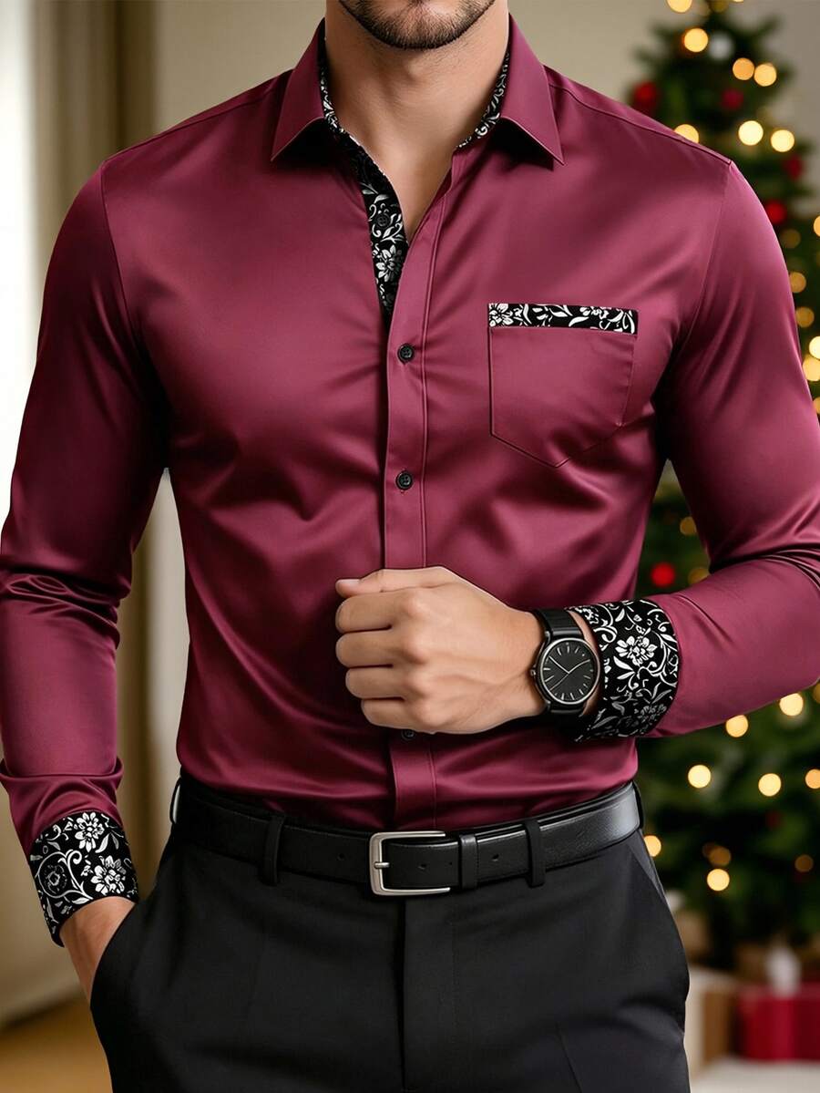 Manfinity Bizformal Men's Shirt Selection - Craftsmanship Collection: Stylish Patchwork Business Casual Long-Sleeve - Burgundy - View 1