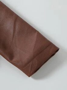 SHEIN 2件組女童秋季套裝復古咖啡棕短款PU皮革翻領夾克＋豹紋荷葉邊洋裝，時尚小女孩秋季穿搭，休閒百搭幼兒/幼童外出套裝，氣質童裝秋季兩件套 - 棕色 - 查看 7