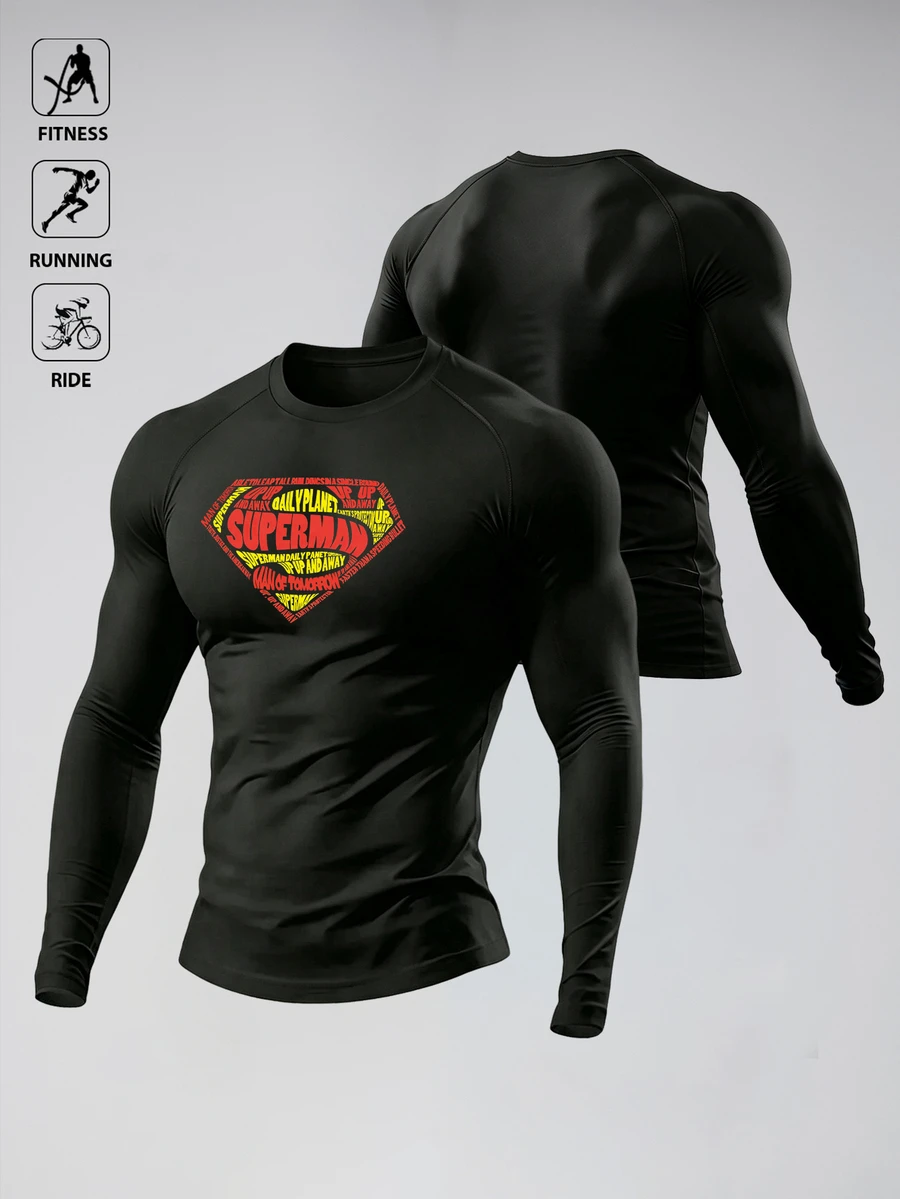 SUPERMAN X SHEIN Gym Rark 男士字母印花休閒日常旅行運動T恤 - 黑色 - 查看 1