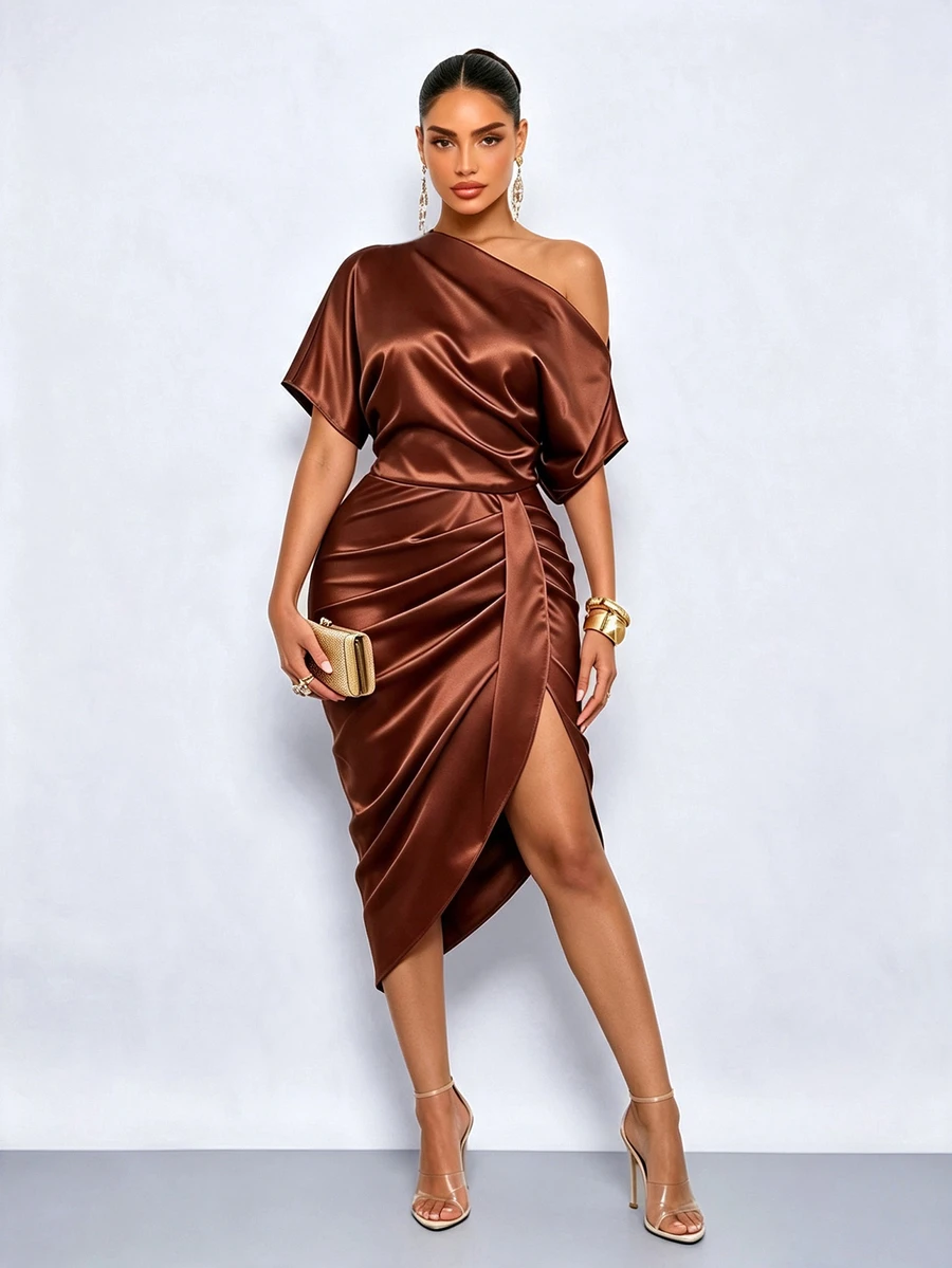 SOLERSUN Open Shoulder Short-Sleeved Bodycon Midi Dress With Pleats, Front Slit, And Glossy Fabric.