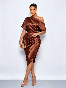 SOLERSUN Open Shoulder Short-Sleeved Bodycon Midi Dress With Pleats, Front Slit, And Glossy Fabric. - Rust Brown - View 6