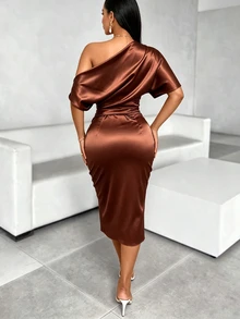 SOLERSUN Open Shoulder Short-Sleeved Bodycon Midi Dress With Pleats, Front Slit, And Glossy Fabric. - Rust Brown - View 3
