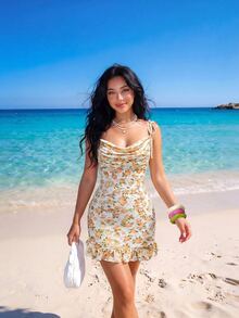 Sweetina Vestido de tirantes finos con espalda descubierta y estampado floral diminuto de malla para vacaciones - Amarillo - Ver 2