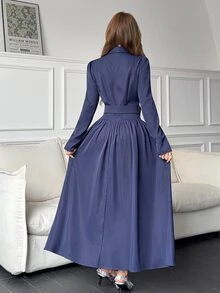 Feyla New Design French Style A-Line Shirt Dress With Puff Sleeves, Waist Belt, Slimming Fit, Versatile For Daily Commute, Elegant Dress - Navy Blue - View 7