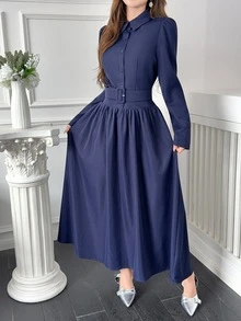 Feyla New Design French Style A-Line Shirt Dress With Puff Sleeves, Waist Belt, Slimming Fit, Versatile For Daily Commute, Elegant Dress - Navy Blue - View 3