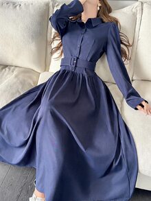 Feyla New Design French Style A-Line Shirt Dress With Puff Sleeves, Waist Belt, Slimming Fit, Versatile For Daily Commute, Elegant Dress - Navy Blue - View 4