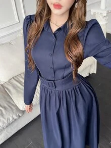 Feyla New Design French Style A-Line Shirt Dress With Puff Sleeves, Waist Belt, Slimming Fit, Versatile For Daily Commute, Elegant Dress - Navy Blue - View 5