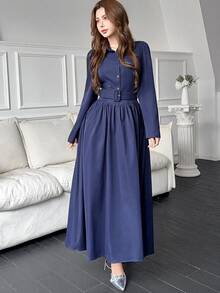 Feyla New Design French Style A-Line Shirt Dress With Puff Sleeves, Waist Belt, Slimming Fit, Versatile For Daily Commute, Elegant Dress - Navy Blue - View 6