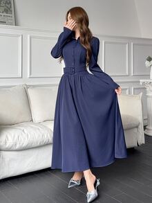 Feyla New Design French Style A-Line Shirt Dress With Puff Sleeves, Waist Belt, Slimming Fit, Versatile For Daily Commute, Elegant Dress - Navy Blue - View 2