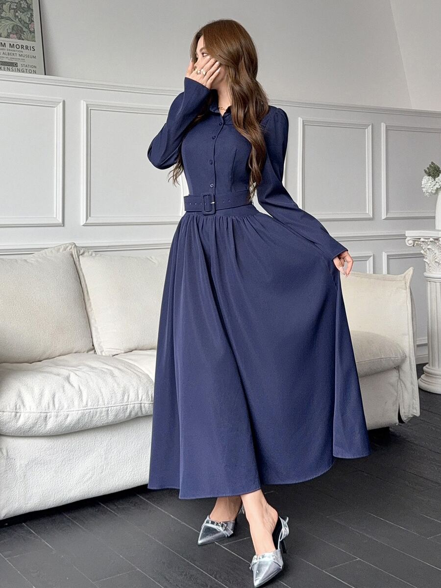 Feyla New Design French Style A-Line Shirt Dress With Puff Sleeves, Waist Belt, Slimming Fit, Versatile For Daily Commute, Elegant Dress