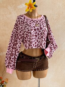 Soleia Women's Versatile Short Lantern Sleeve Pink Leopard Print Back Hollow Out Fashion Sweatshirt, Daily Commute - Multicolor - View 7
