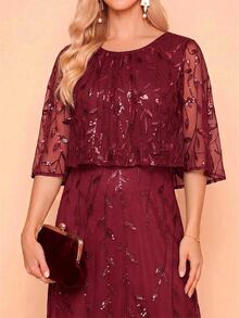 Amorya Women's Elegant Sequin Cape Dress For Evening Party - Burgundy - View 3