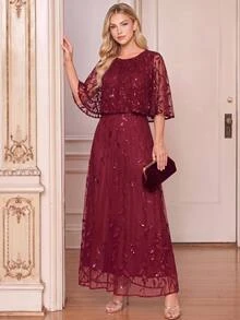 Amorya Women's Elegant Sequin Cape Dress For Evening Party - Burgundy - View 1