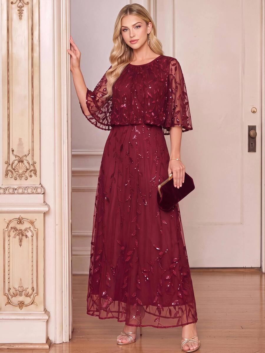 Amorya Women's Elegant Sequin Cape Dress For Evening Party - Burgundy - View 1