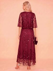 Amorya Women's Elegant Sequin Cape Dress For Evening Party - Burgundy - View 11