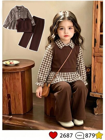 Conjunto de 3 piezas para niña pequeña: camisa, chaleco y pantalones, estilo preppy dulce, estampado de cuadros marrón y blanco, bajo con volantes, punto acanalado, manga larga, cuello, corte regular, para exterior, otoño, acogedor y chic